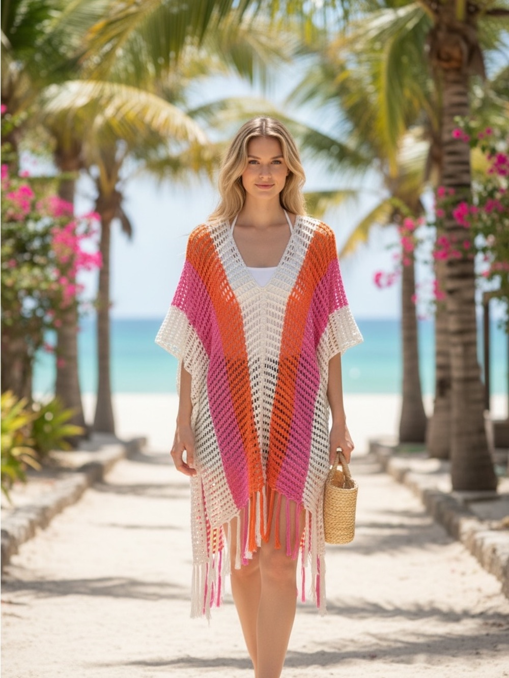 Banana Republic Crochet V-Neck Swim Coverup in White, Pink & Orange